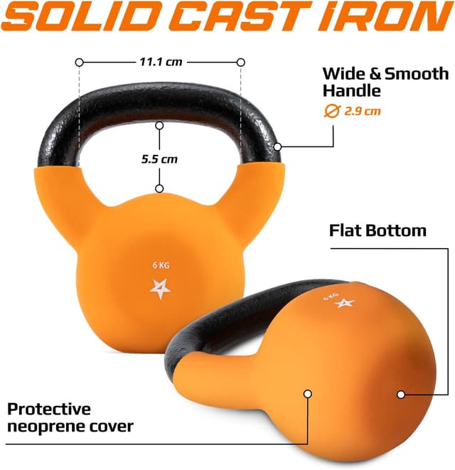 Detalle de Yes4All Kettlebell aus Gusseisen 2–20 kg mit Neopren-Beschichtung (einzeln, farbcodiert)