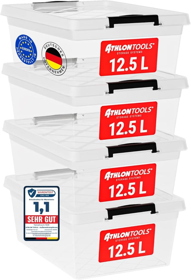 Detalle de ATHLON TOOLS 4x 12,5 L Aufbewahrungsboxen mit Deckel (transparent, lebensmittelecht, stapelbar)