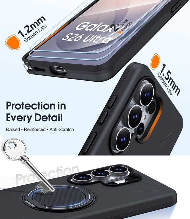 Detalle de AOUIA Samsung S26 Ultra Case (Black) with 2-Pack Screen Protector & 360° Kickstand