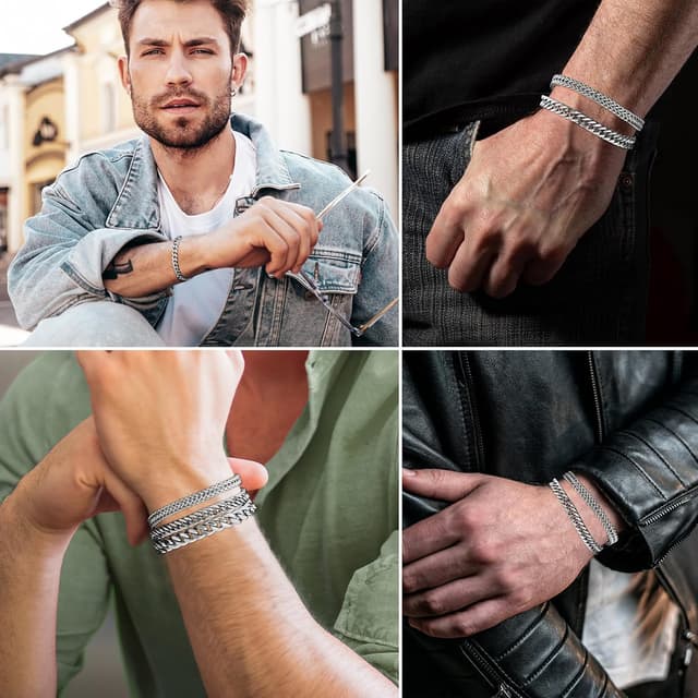 Detalle de Esmoly Herren-Armband Set in Silber (4 Stück) aus 316L-Edelstahl – stapelbar, hypoallergen