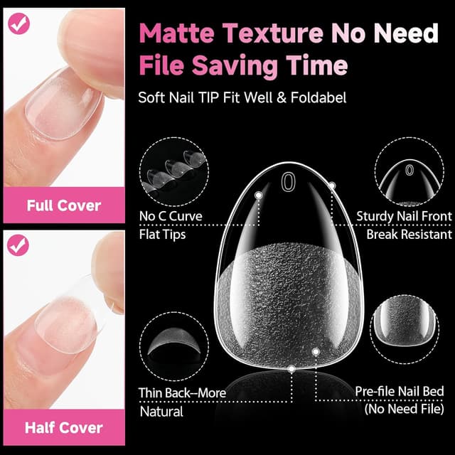 Detalle 1 de UNA GELLA Extra Short Almond Nail Tips (312 pcs) – XS Short Almond Gel Tips, Clear Full Cover