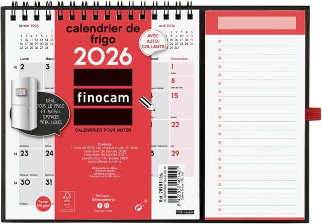 Detalle de Finocam Calendrier magnétique 2026 (Janvier–Décembre 2026) — 1 mois par page, en français