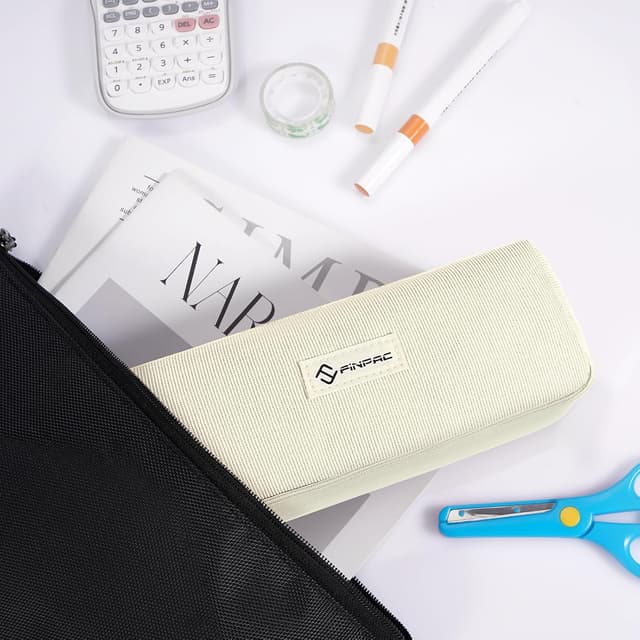 Detalle 2 de FINPAC Trousse à crayons en velours côtelé beige, grande ouverture et poches intérieures