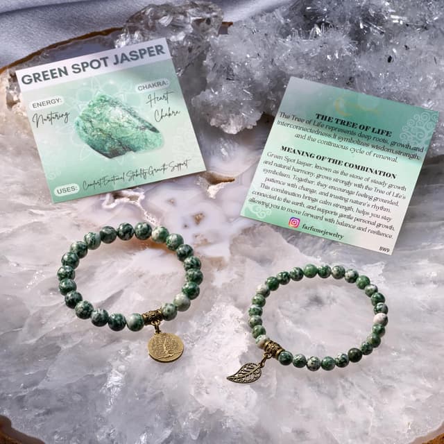 Detalle 2 de Farfume Chakra-Armbänder für Damen mit Grünfleckjaspis – Set aus zwei Armbändern (Yoga, Reiki)