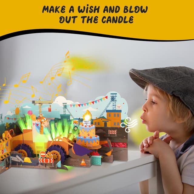Detalle de Musical Birthday Card for Kids: 3D Bulldozer Pop-up with Lights, Sounds & Blowable Candle