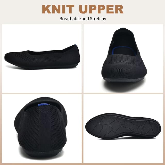 Detalle de Puxowe Damen Strick-Ballerinas mit Rundkappe und flachem Slip-On – superweich für Spaziergänge