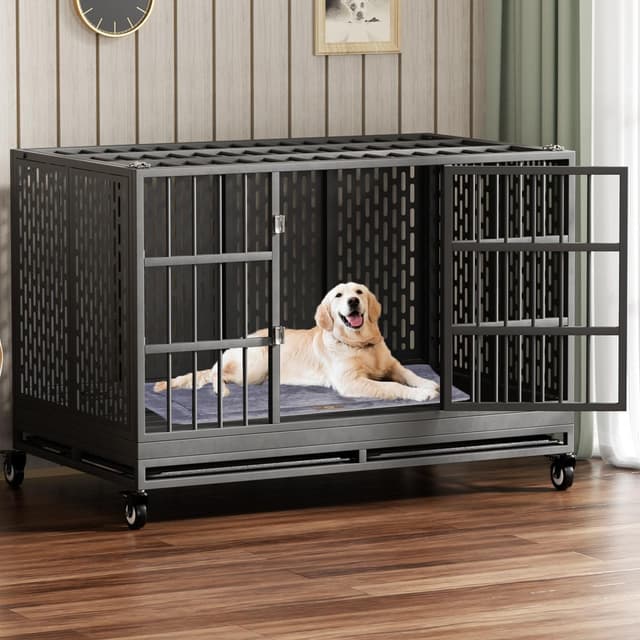 Detalle de Snuowu 38 Inch Heavy Duty Dog Crate with Wheels (Folding Metal, Removable Tray) for Large & Medium Dogs