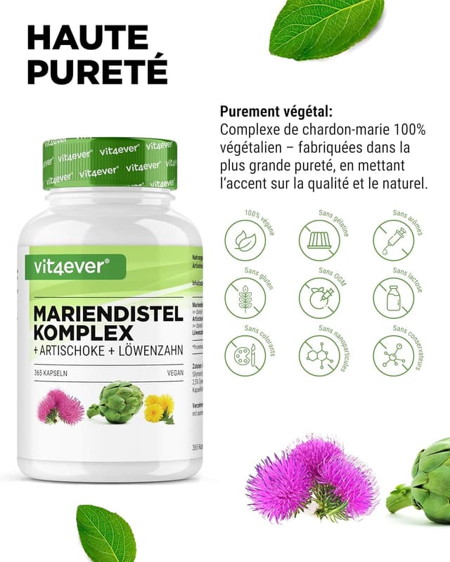 Detalle de Complexe Chardon-Marie, Artichaut & Pissenlit en capsules – 365 pour 6 mois (80% silymarine, vegan)