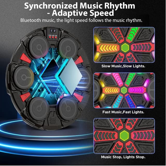 Detalle de SZJJX Music Punching Machine for Kids & Adults – Bluetooth wall-mounted boxing trainer with gloves, rhythm lights and 2 player mode