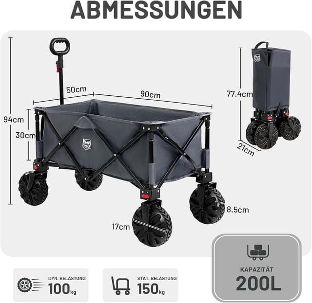 Detalle de TIMBER RIDGE XXL faltbarer Bollerwagen 200L mit Bremsen, Breite Reifen und Seitentasche