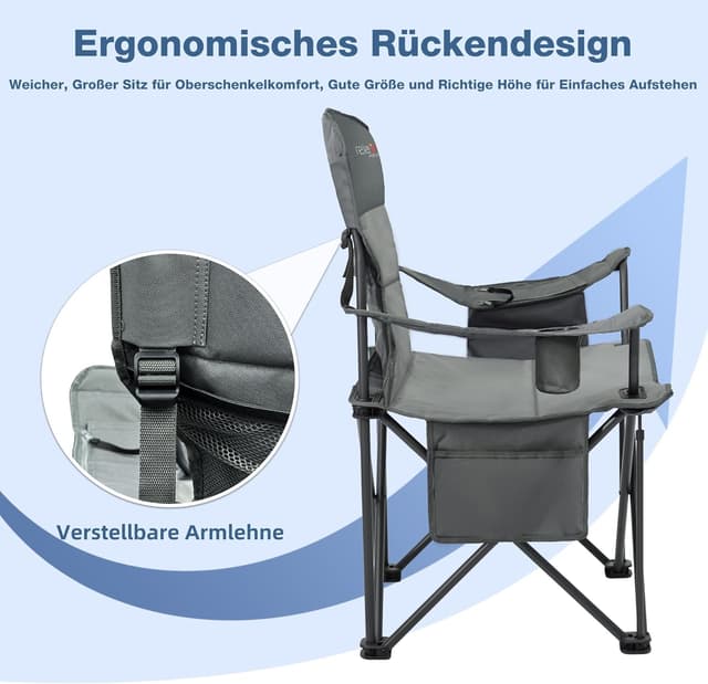 Thumbnail 6 de RELAX FIELD faltbarer Campingstuhl mit hoher Rückenlehne, bis 200 kg, Getränkehalter und Kühltasche (Grau)
