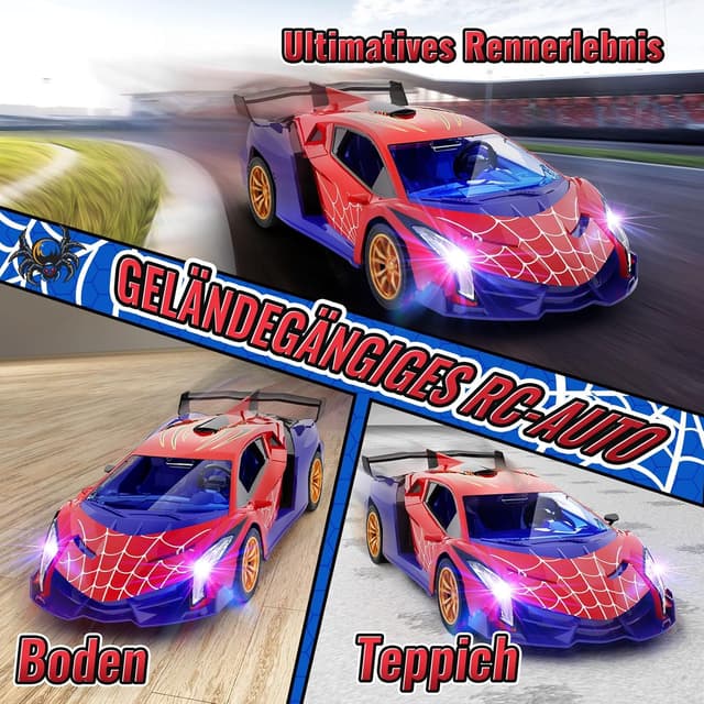 Detalle de Ferngesteuertes Drift-Auto im 1:18 Look mit LED-Augen & Spinnennetz-Design (RC, Rückwärtsfunktion) – Geschenk ab ca. 3 Jahren