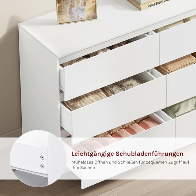 Detalle de WOLTU Kommode weiß mit 6 Schubladen – moderner Schubladenschrank für Wohnzimmer, Schlafzimmer & Flur (120 x 40 x 75 cm)