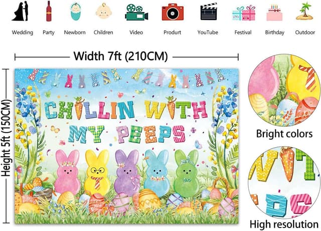 Detalle de Easter Bunny Backdrop Spring Bunny “Chillin with My Peeps” Vinyl Photoshoot Background (7x5FT)