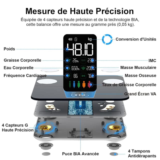 Detalle 2 de Balance connectée Healthkeep Balance Connectée avec impédancemètre, grand écran VA et mesure de la fréquence cardiaque (jusqu’à 180 kg) – Bleu marine