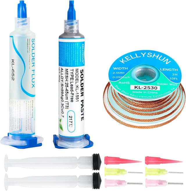 Detalle de KELLYSHUN KL-652 No-Clean Lötpaste + Flussmittel + Entlötlitze (Sn99%/Ag0.3%/Cu0.7%, 3-teilig)