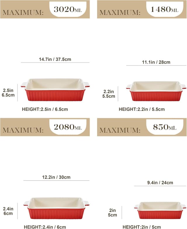 Detalle 2 de MALACASA Bake.Bake 4-teiliges Auflaufform-Set (Rot) – rechteckig, kratzfest, für Lasagne & mehr