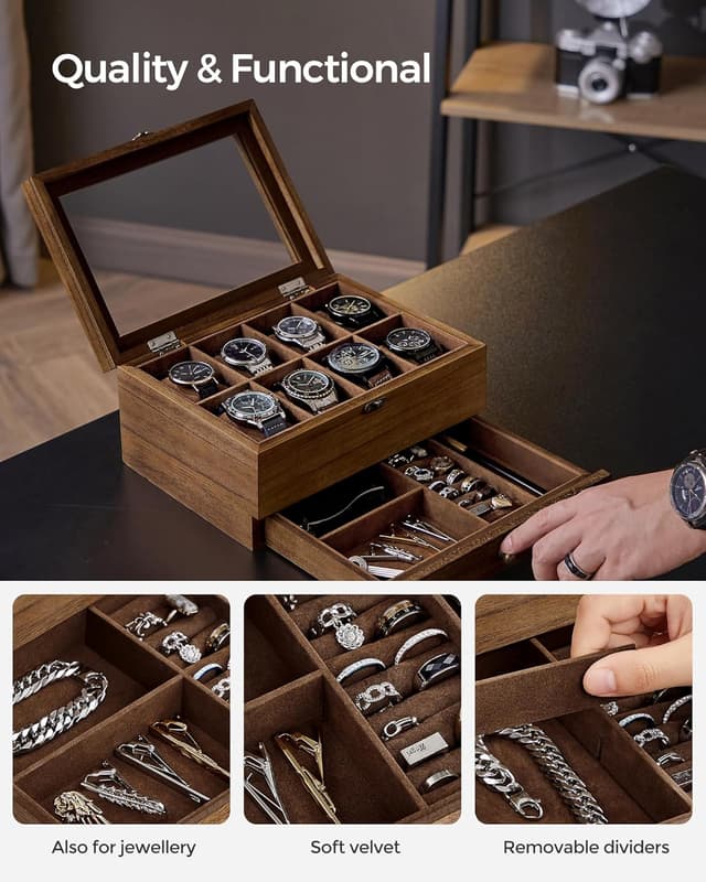 Detalle de SONGMICS JOW008K01 Rustic Walnut 8-Slot Watch Box with 2 Tiers and Glass Lid