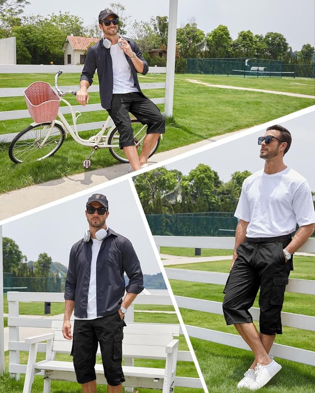 Detalle de NANAMEEI Pantacourt cargo homme 3/4 à poches multiples, bermuda long de travail pour l’été