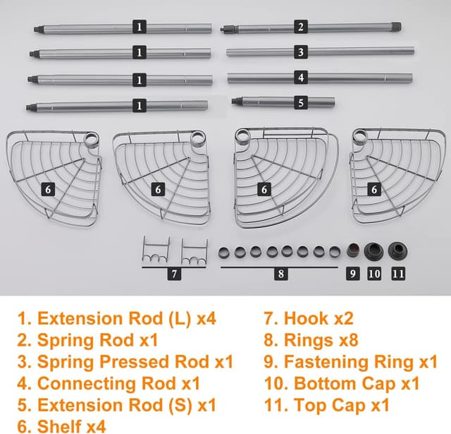 Thumbnail 6 de Wopeite étagère de douche télescopique réglable 73–265 cm, sans perçage, en acier inoxydable (4 paniers) – gris