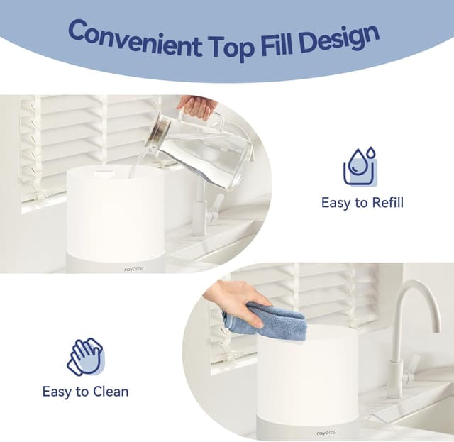 Detalle de Raydrop Raydrop Humidifiers for Bedroom (3.0L cool mist) – Top-fill humidifier with timer, auto shut-off & essential oil diffuser