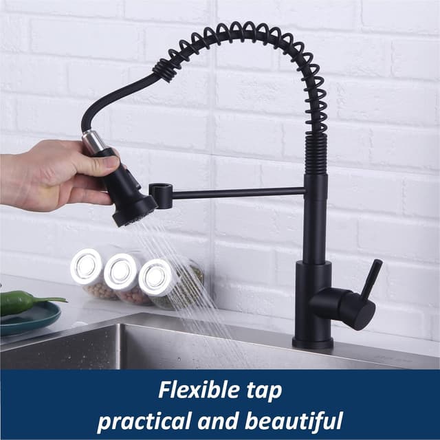 Detalle de HOTTIST Sink Mixer Tap with Pull Down Sprayer, Spring Kitchen Faucet in Black (Single Lever, 360° swivel, 2-spray mode)