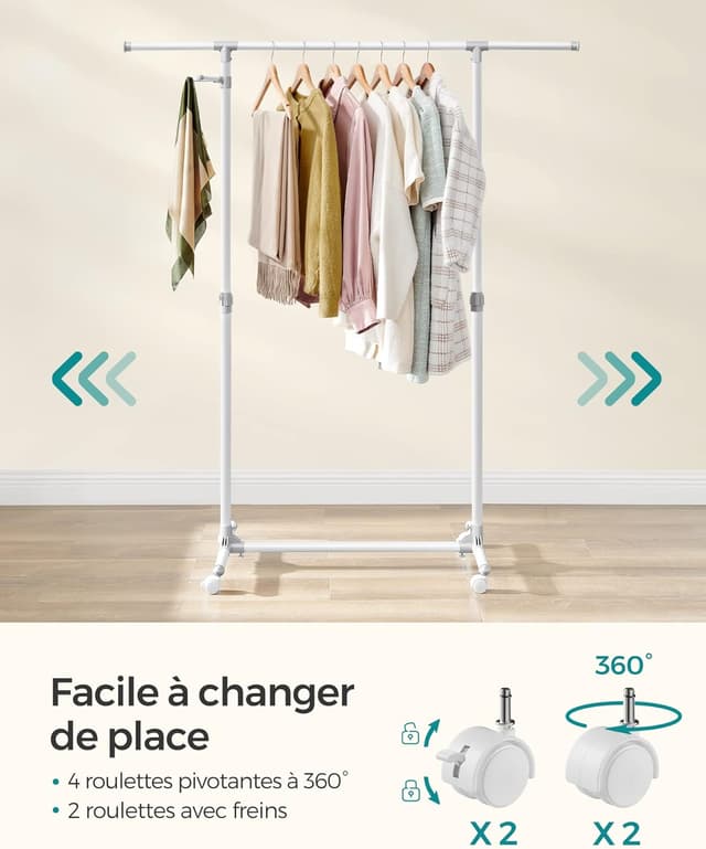 Detalle 2 de SONGMICS Stand Appendiabiti con ruote LLR001W01, altezza regolabile 97–165 cm e barra estensibile