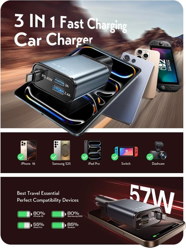 Thumbnail 5 de LISEN Cargador Rápido Coche 57W USB 🚗para iPhone, Samsung, Xiaomi