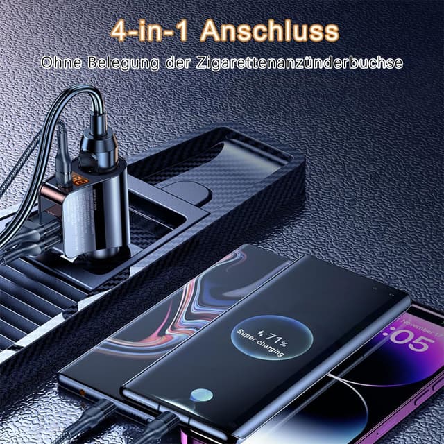 Detalle de RLCWerk 4-in-1 Zigarettenanzünder-Verteiler mit USB‑C Ladegerät bis 128 W und Spannungsanzeige