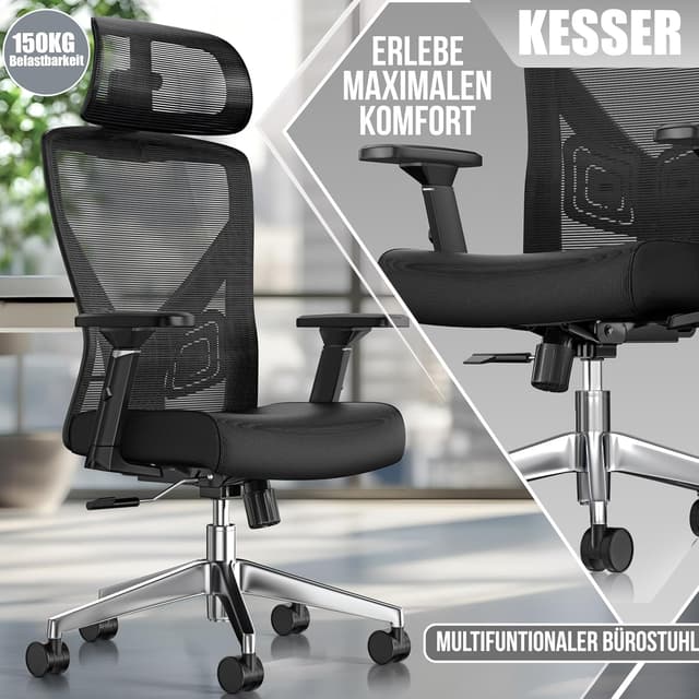 Detalle 2 de KESSER ergonomischer Bürostuhl mit verstellbaren Armlehnen, Lordosenstütze und Kopfstütze