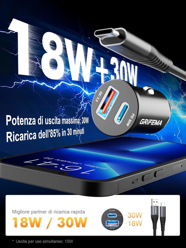Detalle 2 de GRIFEMA Caricatore auto USB-C 30W con doppia porta PD 30W + QC 3.0 18W (alluminio)