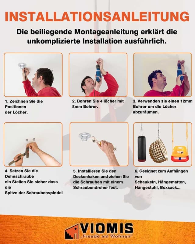 Thumbnail 6 de Viomis Deckenhaken für Hängesessel (bis 400 kg) – 360° Drehung, Edelstahl-Komplettset mit 30 cm Kette & 3 Karabinern