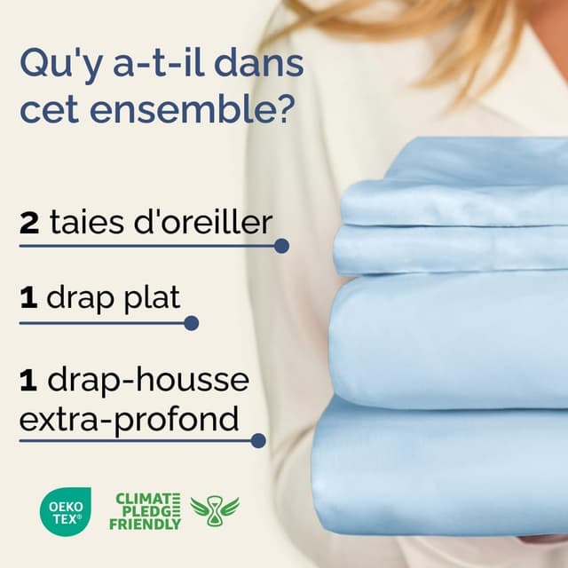 Detalle de Ensemble de draps 4 pièces bleu clair pour matelas jusqu’à 35 cm (drap plat, drap-housse 135x190 et 2 taies 50x80)