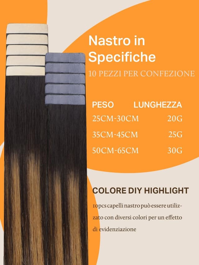 Detalle 2 de DOORES Remi Extension Capelli Remy con skin weft biadesivo, Balayage castano scuro misto castano (40 cm, 25 g, 10 pz)