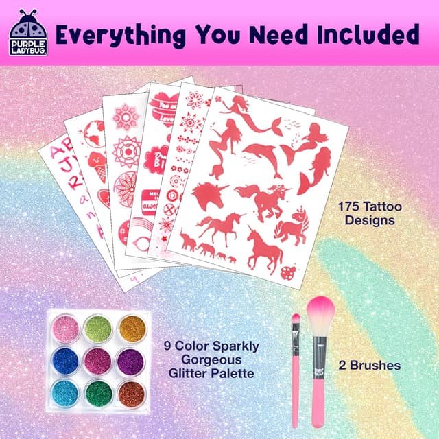 Detalle de Purple Ladybug 175-Piece Temporary Glitter Tattoos Kit for Kids (Ages 6–12)