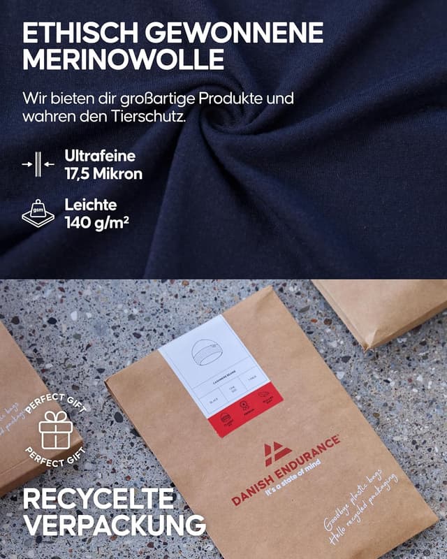 Detalle de DANISH ENDURANCE 100% Merino Shirt Damen (2er Pack) – leichtes, geruchshemmendes T‑Shirt