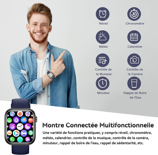 Detalle de RLQA Montre connectée Homme/Femme 1,83" Bluetooth 5,3 avec appel, capteurs santé et 123 modes sport