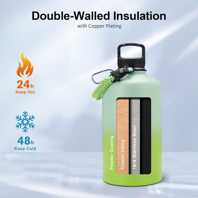 Detalle 2 de Trebo One Gallon Insulated Water Bottle (3.8 L) with Paracord Handle, 3 Leakproof Lids & Straw/Spout/Wide-Mouth Options, Dark Green