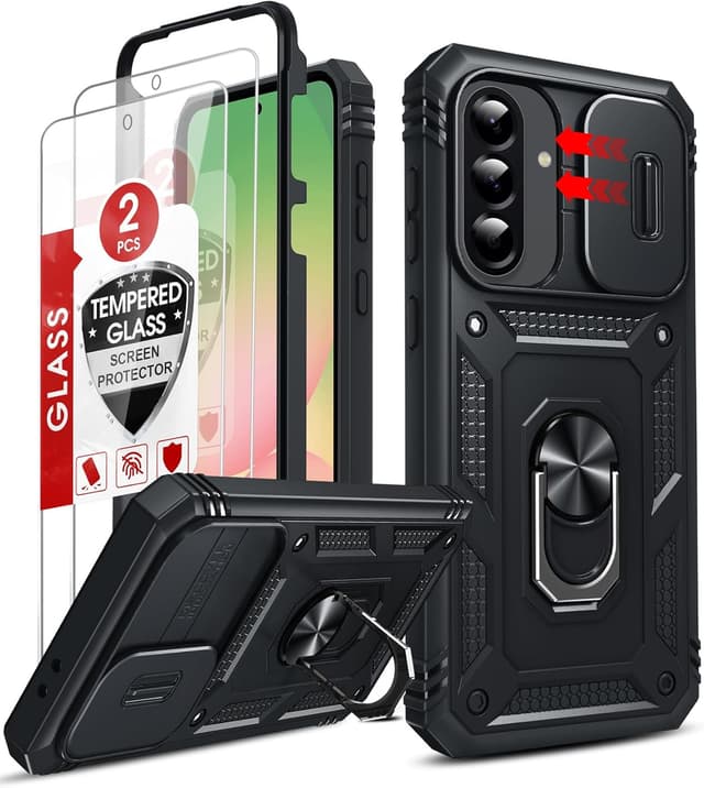 Detalle de LeYi for Samsung Galaxy A56 5G Case with Camera Cover Slider, 360° Tough Armour + Ring Stand and 2 Tempered Glass Screen Protectors (Black)