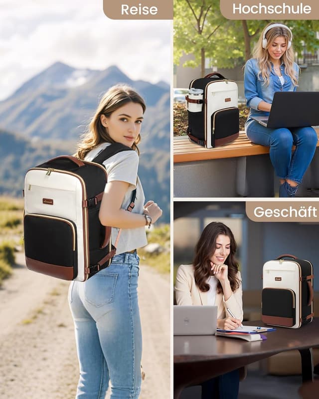 Detalle de LOVEVOOK Handgepäck Rucksack für 17,3 Zoll (40L) – 45x30x20 cm, wasserdichtes Reise- und Business-Backpack in Schwarz Beige Braun