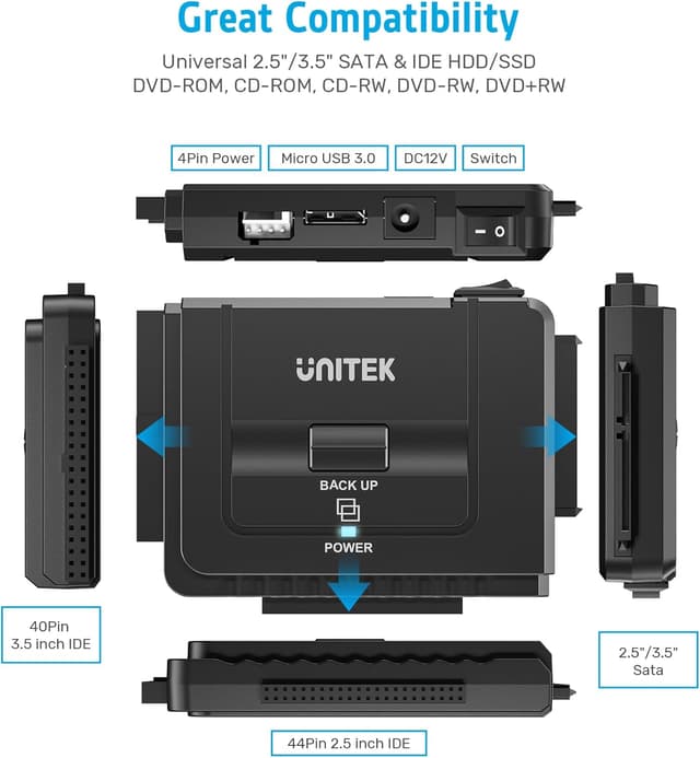 Detalle de Unitek USB 3.0 to IDE & SATA Converter External HDD Adapter Kit (One Touch Backup, 12V/2A Power)