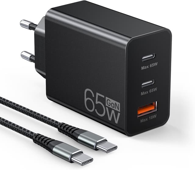 Detalle de 65W USB-C Ladegerät mit 3 Ports (USB + USB-C) und 2 m Ladekabel – Multiport Netzteil für MacBook, iPhone & mehr