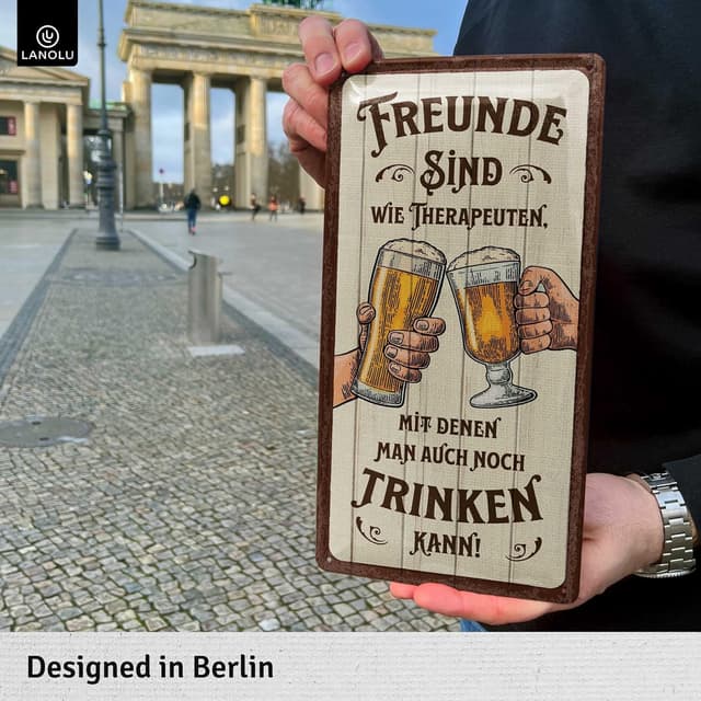 Detalle 2 de LANOLU Retro Blechschilder Bier „Beste Freunde sind wie Therapeuten“ (16x32 cm) – Bar- und Partykeller-Deko