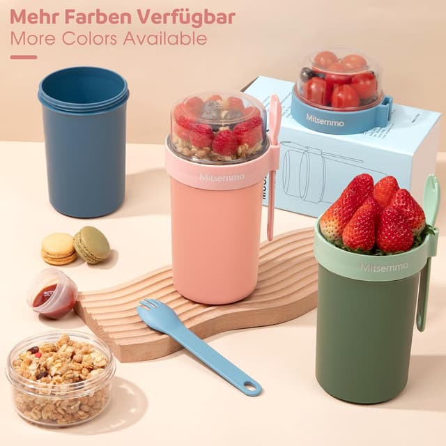 Detalle de Mitsemmo Müslibecher to Go 760 ml + 230 ml (Rosa) – Müsli- & Joghurtbecher mit Löffel und Dose