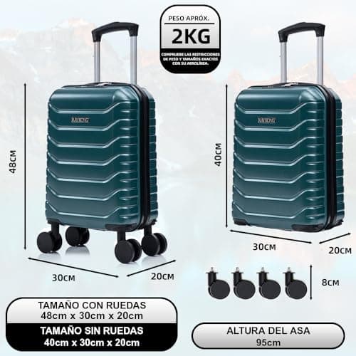 Detalle de RAYKONG Maleta de cabina ABS 40x30x20 (24L) en verde con ruedas desmontables y cerradura de combinación