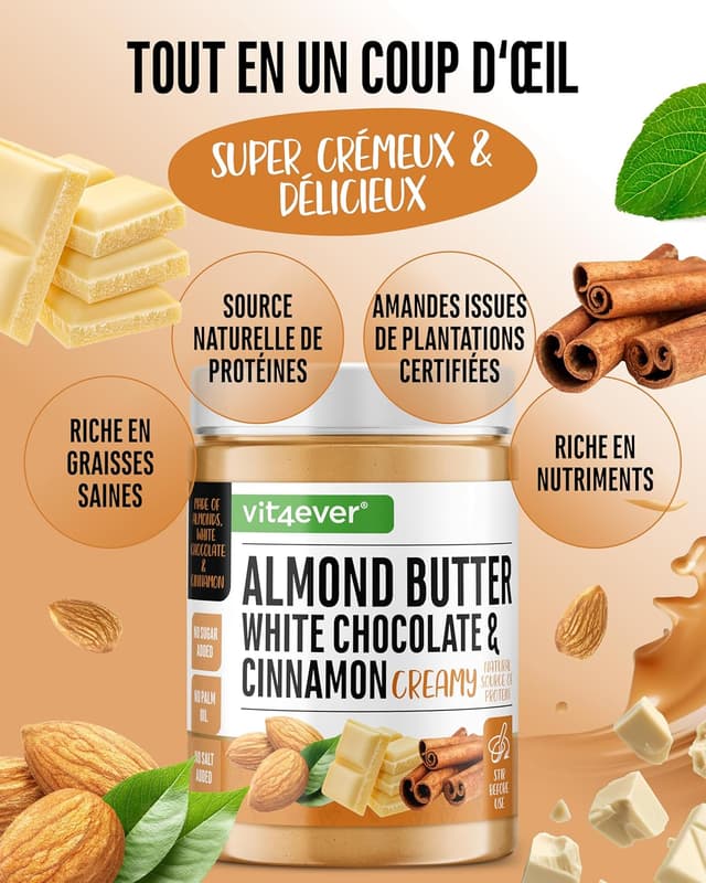 Detalle 2 de vit4ever Beurre d’amande Chocolat blanc Cannelle, 1 kg (naturel) – texture onctueuse, sans huile de palme