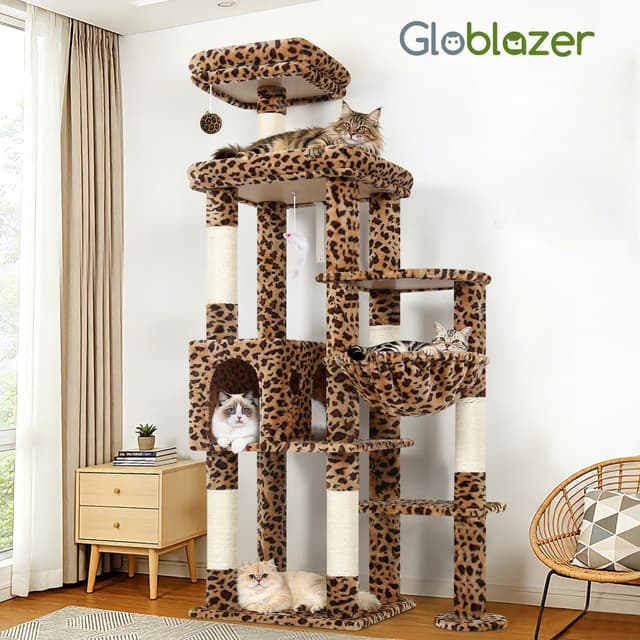 Thumbnail 6 de Globlazer Kratzbaum Leoparden (167 cm) mit breiter gepolsterter Plattform – XL Katzenhaus, Kratzstangen & Spielzeug