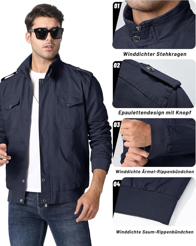 Detalle de MAGCOMSEN Herren-Übergangsjacke Winddicht „Cargo Outdoor“ mit Stehkragen und Multifächertaschen