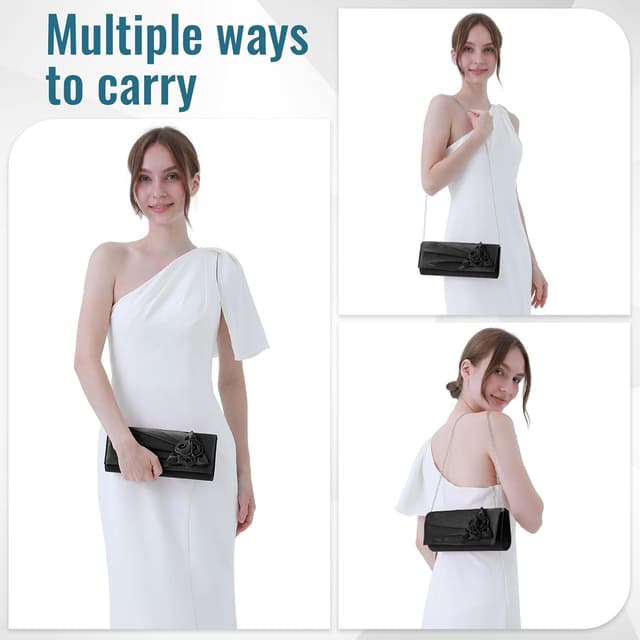 Detalle de Wocharm ladies satin clutch bag with rose – 3-in-1 evening handbag