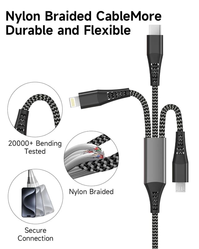 Detalle de Anssan Câble Multi USB‑C 3 en 1 Charge rapide (100 W) Nylon – 1,2 m